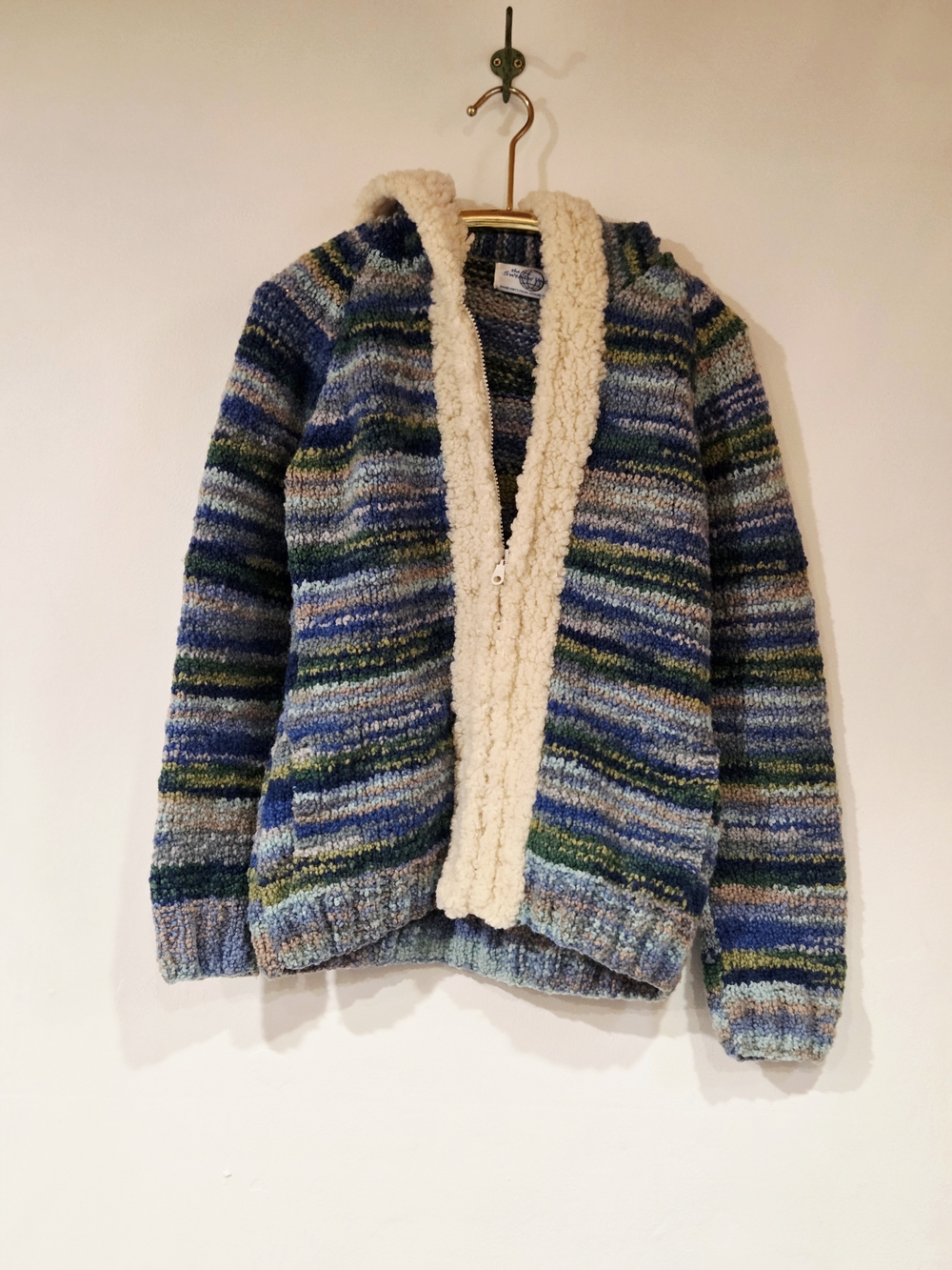 Vintage Boho Striped Knit Sweater Coat with Sherpa Trimed Hood M 100% Wool